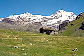 Salita al Passo dei Salato tra la Valsesia e la Valle del Lys (2.950 metri slm). Il massiccio del Monte Rosa, le vette del Lyskamm (4.527 m) e la Piramide Vincent (4215 m).